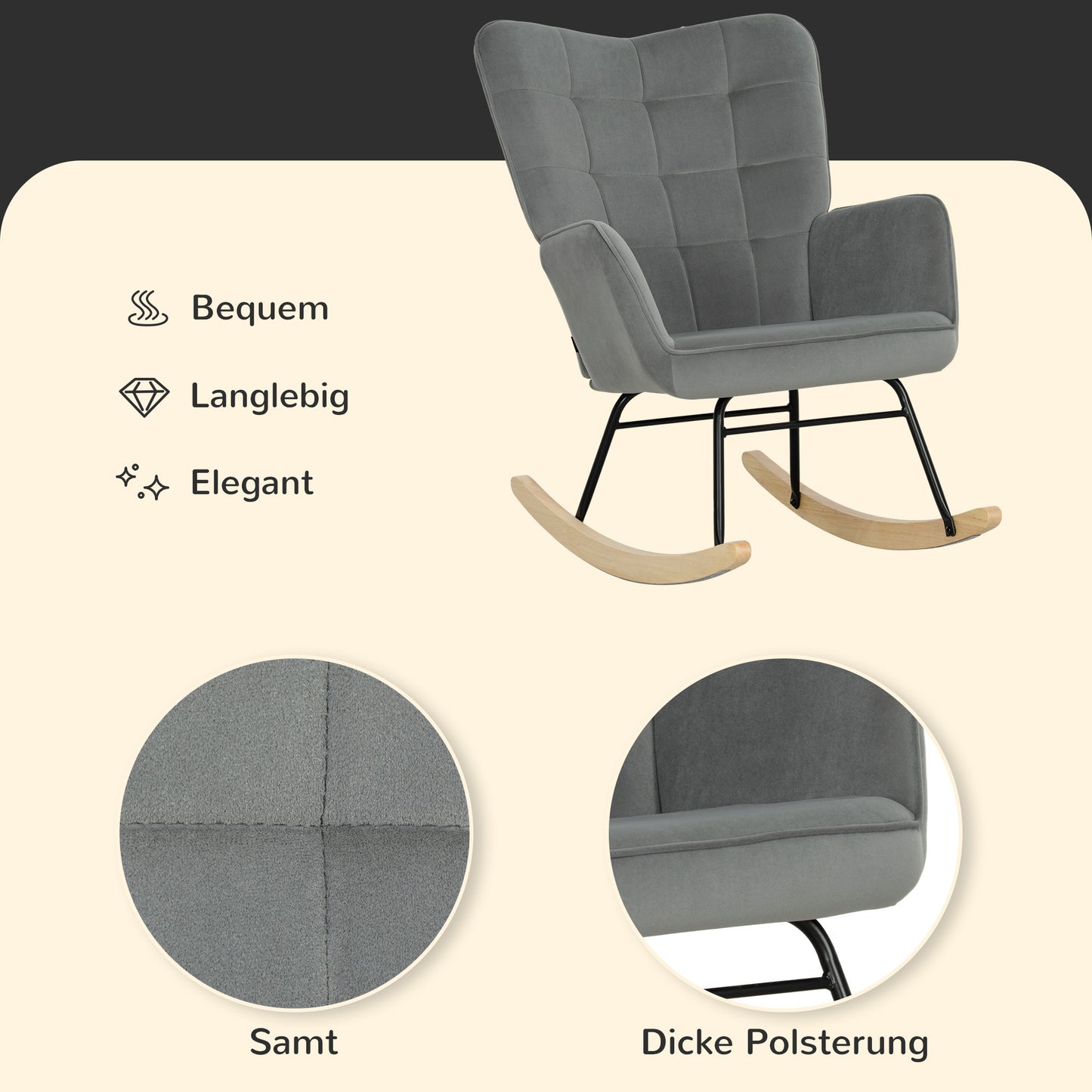 Vintage Schommelstoel – Schommelstoel – Relaxstoel – Fauteuil – Wiegstoel – Donkergrijs – Beukenhout & Staal – Dikke Bekleding