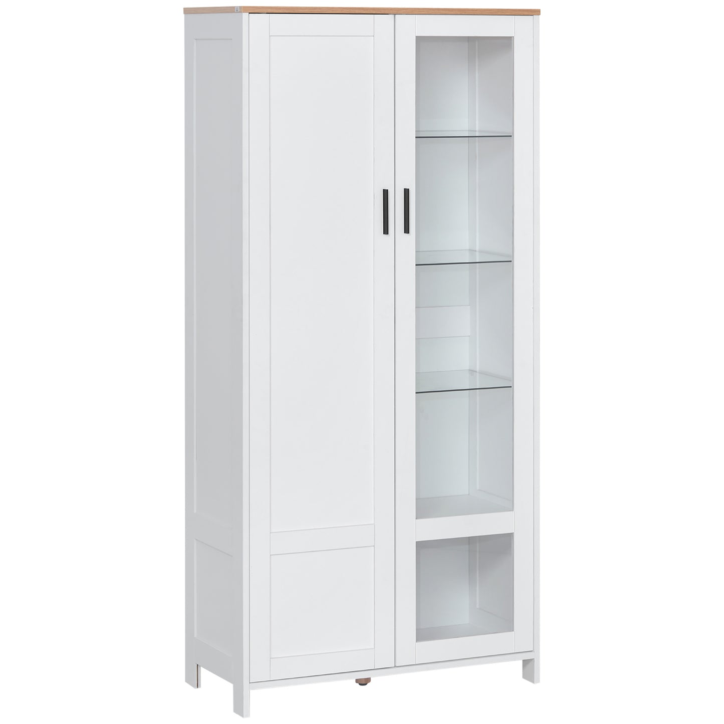 Buffetkast – Keukenkast – Dressoir – Opbergkast – Vitrinekast – 7 Planken Inclusief 3 Glazen Planken – Wit Met Houten Blad – 76x36x160 cm