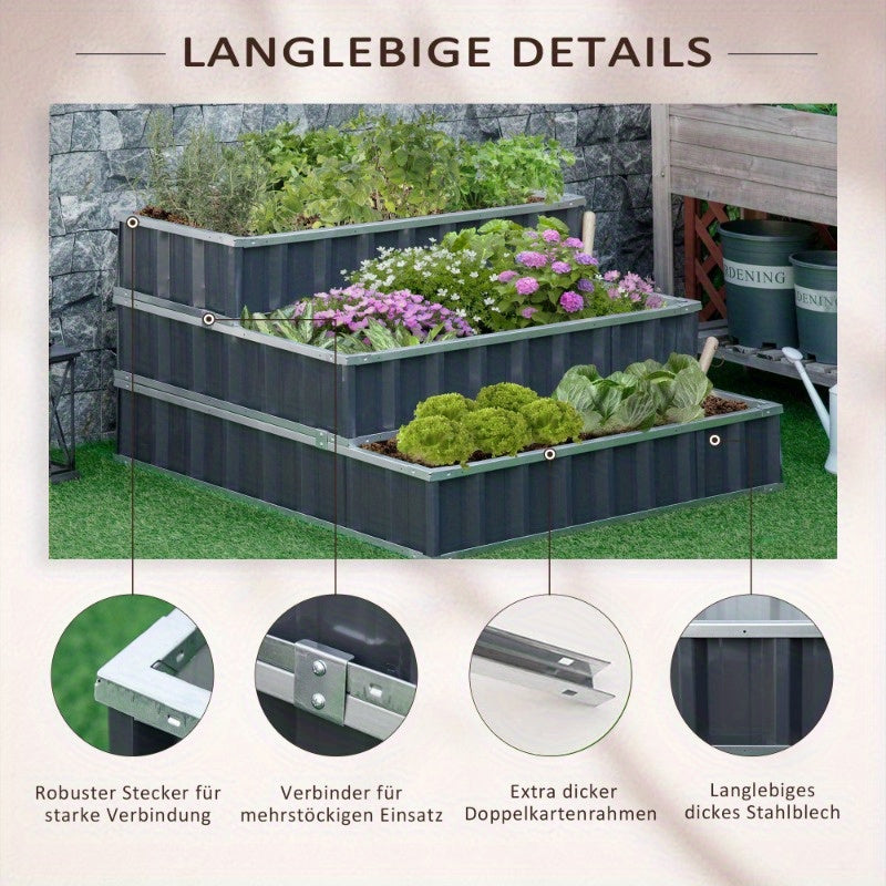 Raised Garden Bed – Tuinbak – Plantenbak – Bloembak – Moestuinbak – Staal – Weerbestendig 118x118x62 cm – 3 Laags Plantenschap