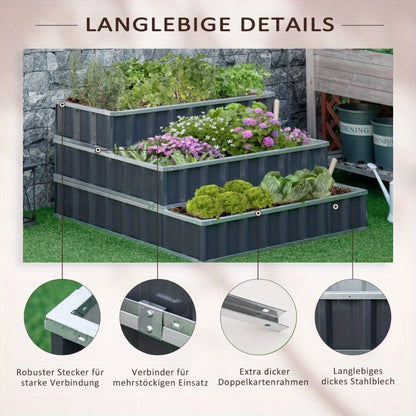 Raised Garden Bed – Tuinbak – Plantenbak – Bloembak – Moestuinbak – Staal – Weerbestendig 118x118x62 cm – 3 Laags Plantenschap