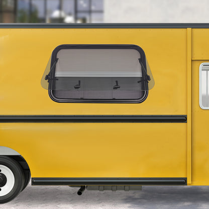 Camperraam – Camper Uitzetraam – Caravan Raam – Motorhome Raam – Uitschuifraam – Gehard Glas 4mm – Nooduitgang 65° Openend – Aluminium Frame