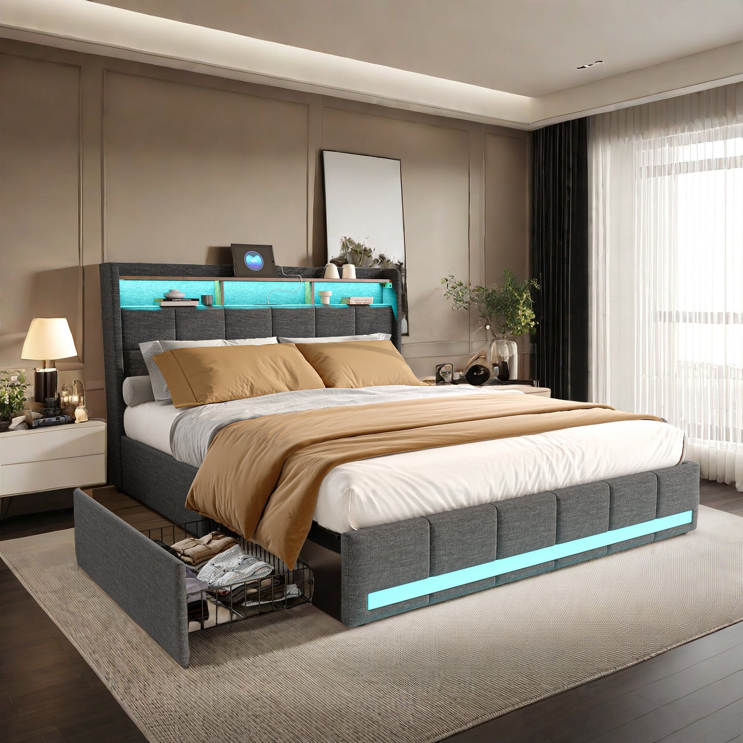 Tweepersoonsbed – Bedframe – Boxspring – Opbergbed – Led-bed – 160x200 cm – Linnen Bekleding – 4 Laden Met USB Opladen
