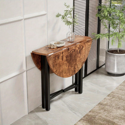 Foldable Round Dining Table - 75cm High, Brown Wooden Kitchen Table for 2-4 People, Rustic Style with Metal Legs, Engineered Wood Top, Perfect for Living Room or Dining Room, Easy Assembly, No Power Needed, Dining Table for Living Room, JoliJour