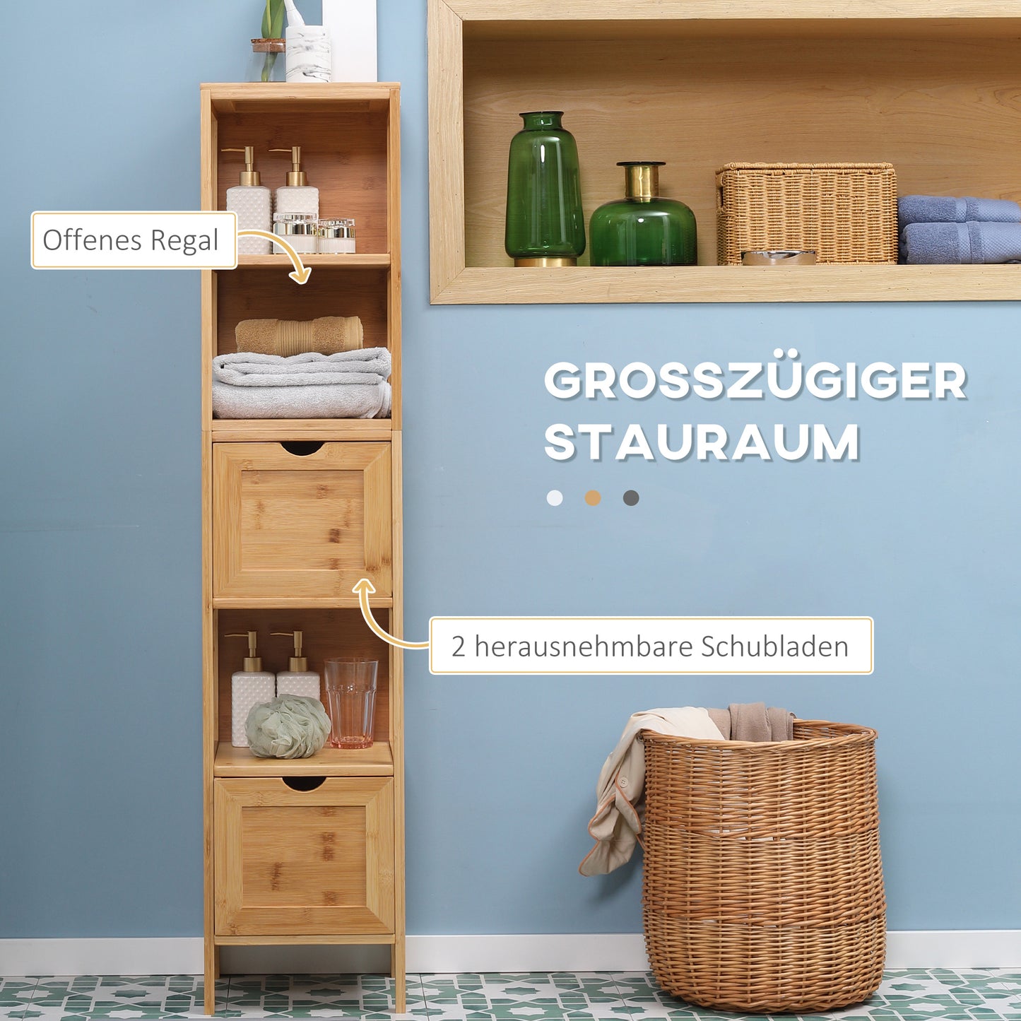 Badkamerkast – Badmeubel – Kolomkast – Wastafelonderkast – Opbergkast – Natuurlijk Bamboe – Compact 30x30x140 cm