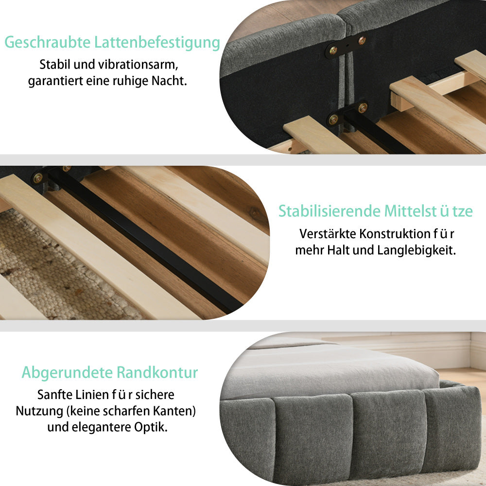 Bedframe – Tweepersoonsbed – Ledikant – Slaapbank – Platformbed – Donkergrijs Chenille – 160x200 cm – Stevig Eucalyptus Hout & IJzeren Frame