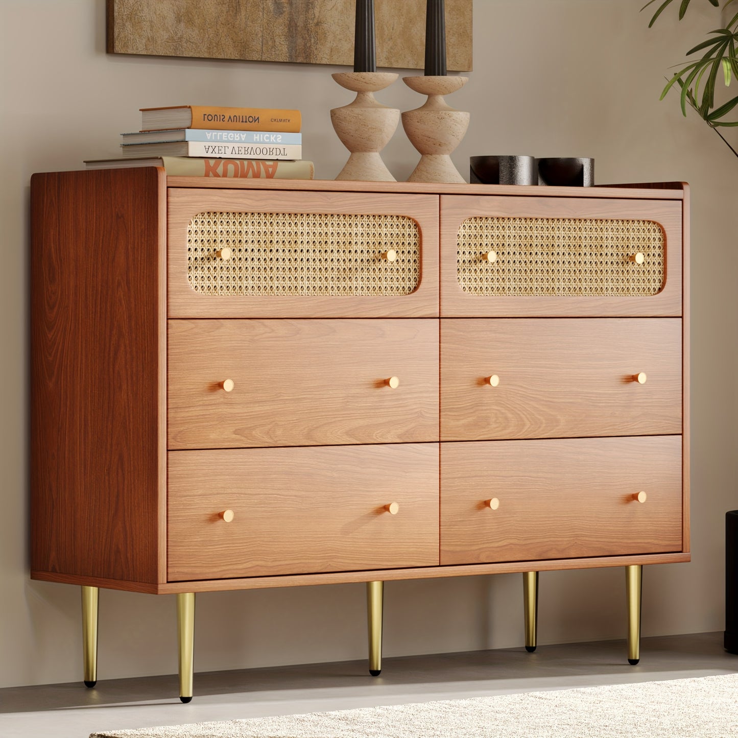 Ladekast – Ladenkast – Dressoir – Opbergkast – Kast – Walnoot Kleur – 6 Ruime Lades – Massief Hout Met Rattan Zijkanten