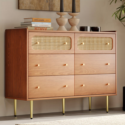 Ladekast – Ladenkast – Dressoir – Opbergkast – Kast – Walnoot Kleur – 6 Ruime Lades – Massief Hout Met Rattan Zijkanten