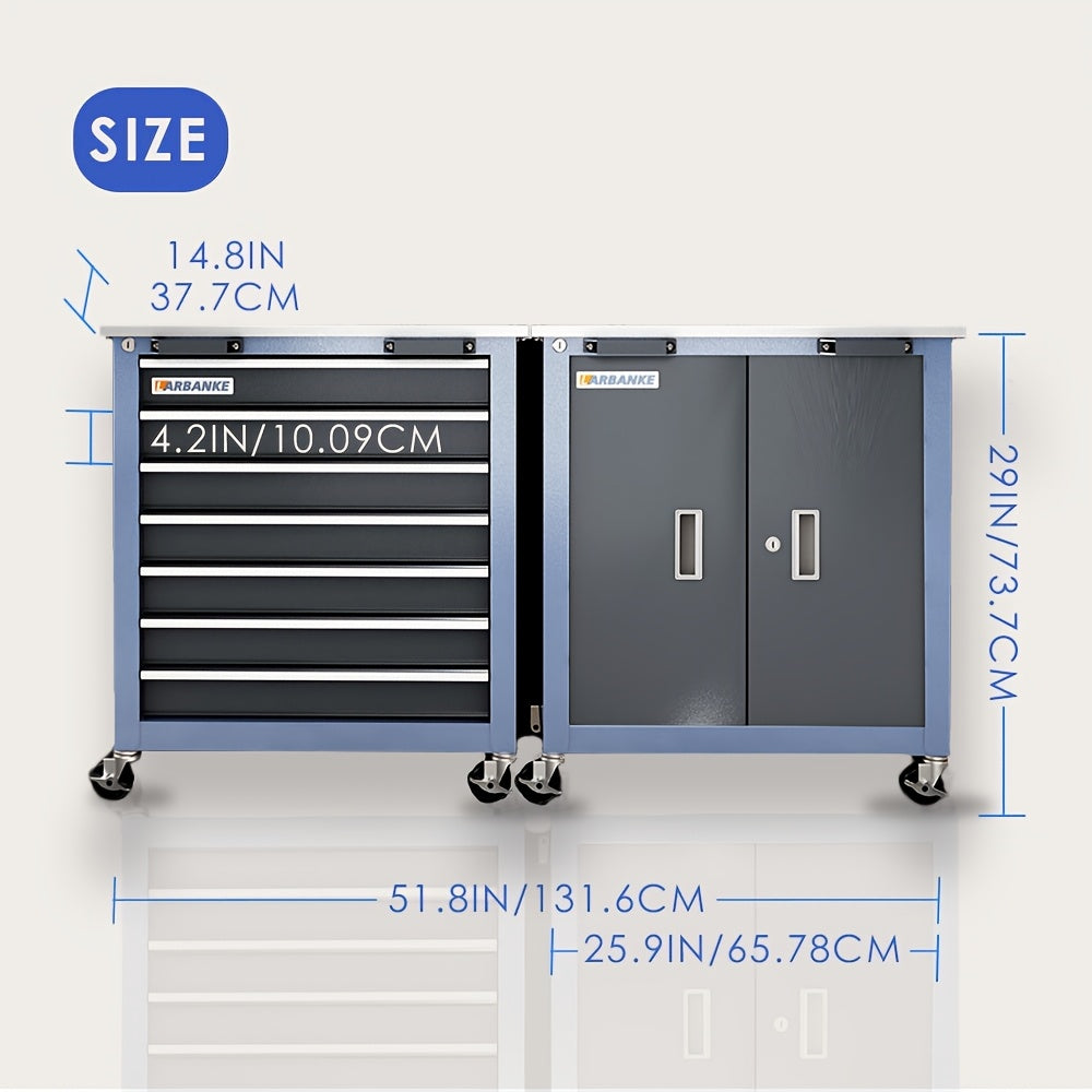 Combination Tool Cabinet, Stainless Steel Countertop, 7-Drawer Toolbox And Double Door Tool Cabinet, Connected for Use, Locking System Tool Storage Cabinet with Wheels And Padded Feet, for Garage