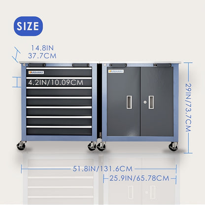 Combination Tool Cabinet, Stainless Steel Countertop, 7-Drawer Toolbox And Double Door Tool Cabinet, Connected for Use, Locking System Tool Storage Cabinet with Wheels And Padded Feet, for Garage