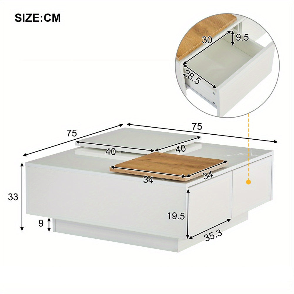 Salontafel – Koffietafel – Tafel – Tafeltje – Bijzettafel – Hoogglans Wit – Met Opbergruimte – Verplaatsbaar Tafelblad – Compact 75x75x33,5 cm