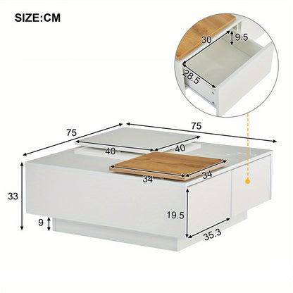 Salontafel – Koffietafel – Tafel – Tafeltje – Bijzettafel – Hoogglans Wit – Met Opbergruimte – Verplaatsbaar Tafelblad – Compact 75x75x33,5 cm