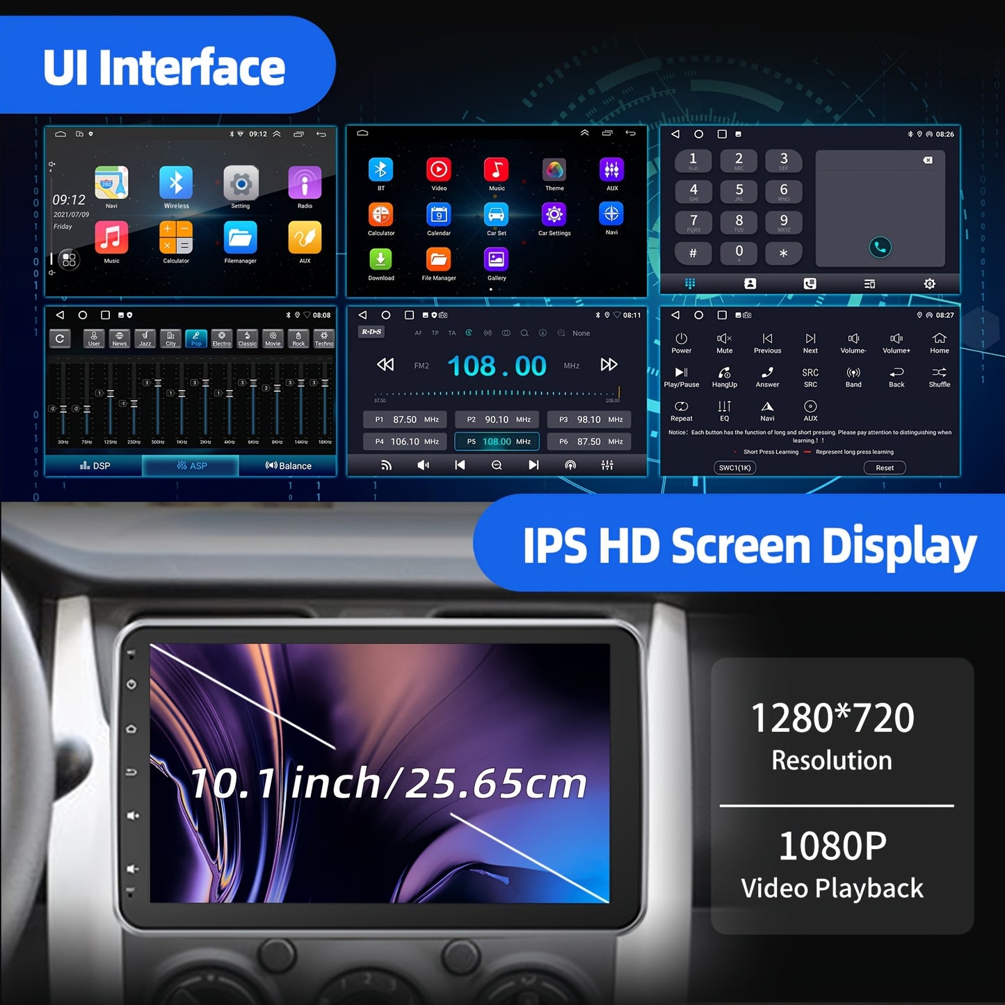 Universele 1-DIN Auto Stereo – Autoradio – Multimedia Speler – Inbouw Radio – Draaibaar Touchscreen – Android 15 OS – 10,1 Inch HD Scherm – Met Microfoon