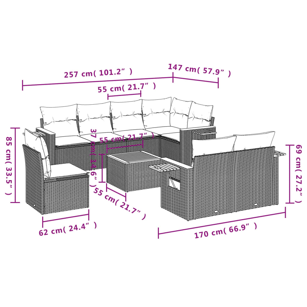 Tuinkussen Set – Tuinmeubel – Loungeset – Balkonmeubels – Buitenmeubels – Weerbestendig PE-Rattan – Uitklapbare Zijtafels – Wit