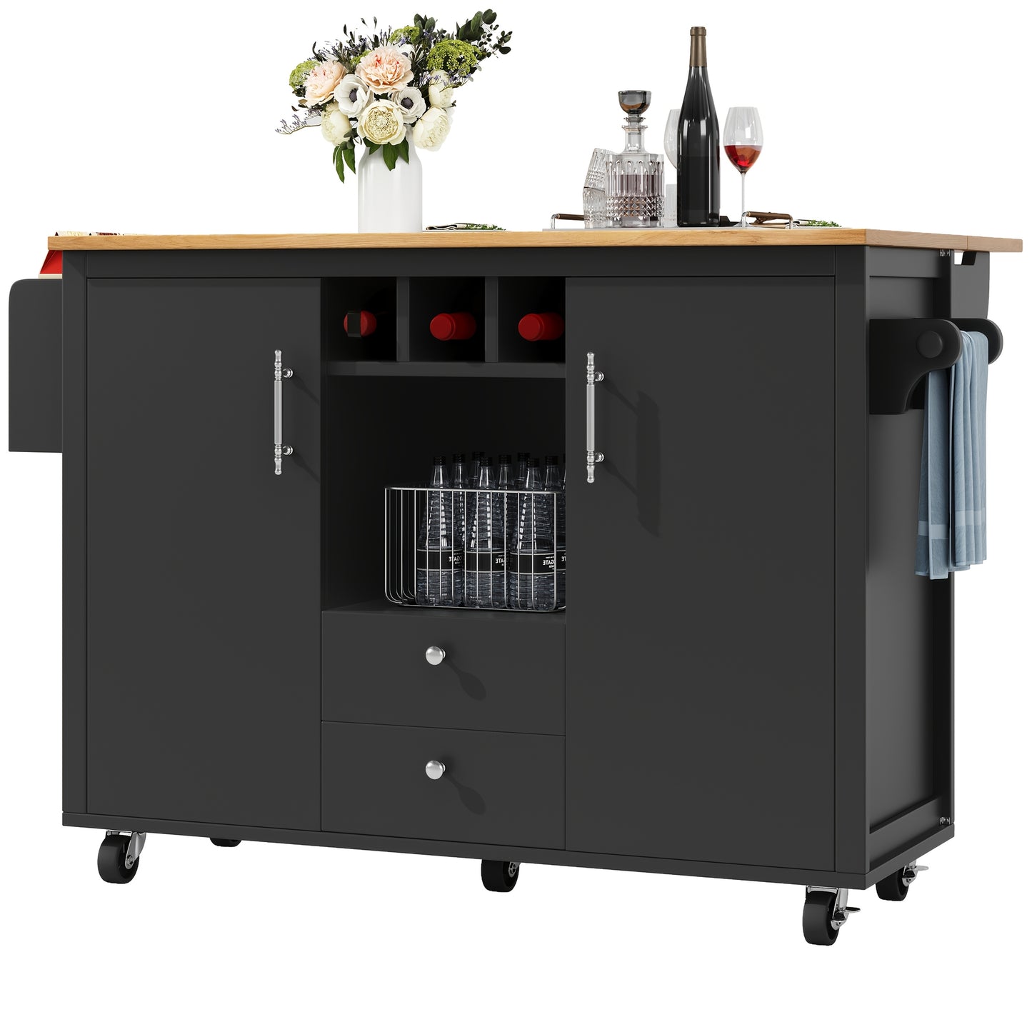 All-in-One Kitchen Island Buffet Cabinet with Folding Worktop, Heavy-Duty Non-Wood Construction, Adjustable Shelves, Wine Rack (Holds 4 Bottles), Door Shelf, Towel Rack - Space-Saving Mobile Kitchen Trolley for Small Kitchens