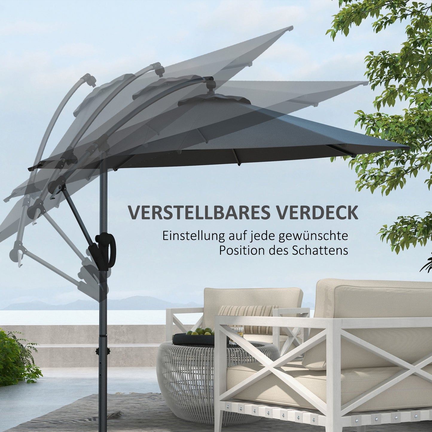 Hangparasol – Zweefparasol – Cantilever Parasol – Vrijstaande Parasol – Terrasparasol – Grijs – 293x293 cm – Kantelbaar met Stevige Kruisvoet