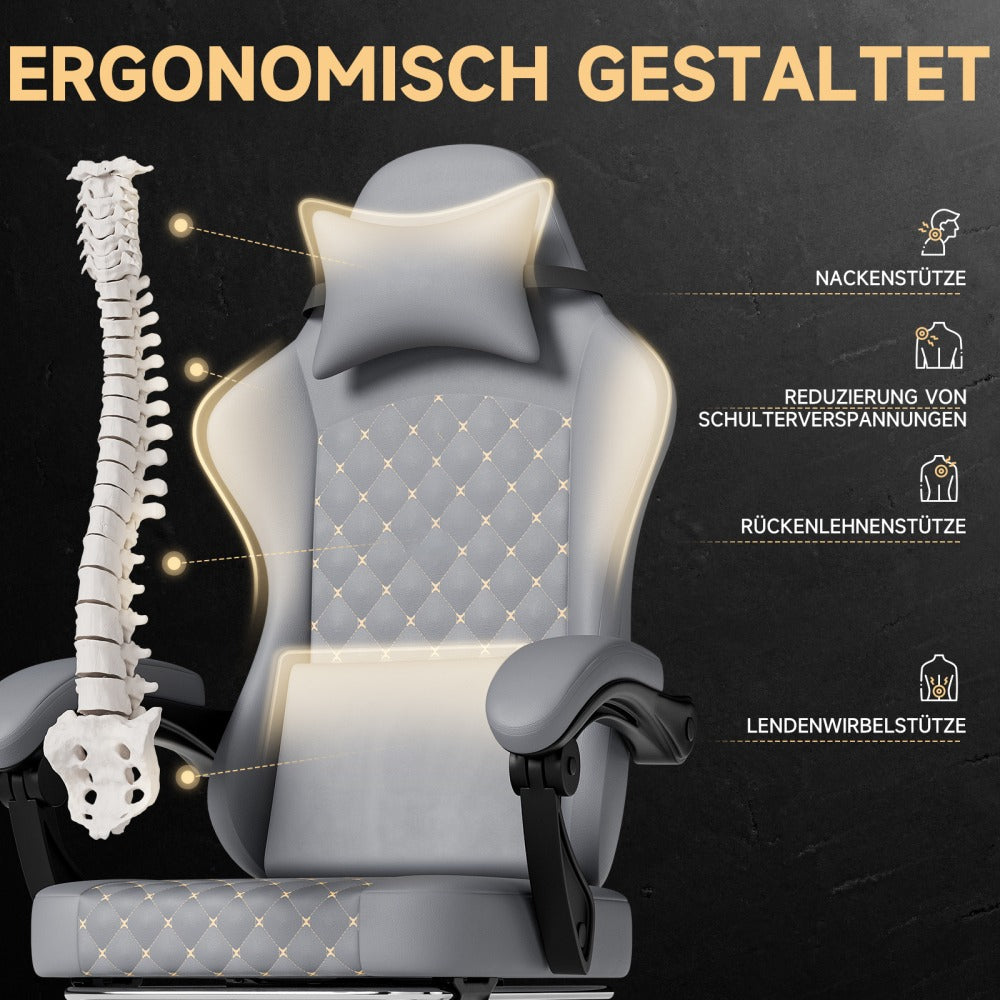 Gaming Chair in Leather with Massage Function and Footrest | Ergonomic Computer Chair for Gaming and Office Use, Supports up to 150kg, Enhances Comfort, Grey