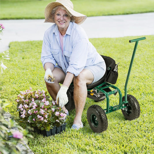Tuinstoel – Tuinstoelen – Tuinwagen – Tuinmeubel – Tuinkruk – 360° Draaibaar – In Hoogte Verstelbaar – Met Wielen – Met Opbergruimte – Met Kussen – Max 150 kg – Groen Metalen Frame