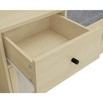 Schoenenbank – Schoenenkast – Halbank – Schoenopberger – Opbergmeubel – Rattan Geweven Deuren – Geïntegreerde Opberglade – Bekleed Zitoppervlak – Metaal Met Houtlook – 90x35x65 cm