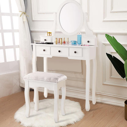 Kaptafel – Make-uptafel – Schminktafel – Beauty Tafel – Dressing Table – Draaibare Spiegel – 5 Laden – Gestoffeerde Kruk – Modern Design – Glas & Kunststof