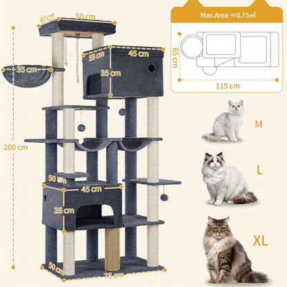 Krabpaal – Kattenboom – Kattenhuis – Krabmeubel – Kattentoren – XXL 200 cm – 10 Sisal Krabpalen & 2 Hangmatten