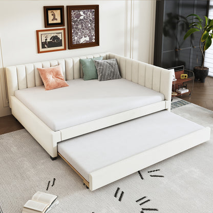 Bedbank – Slaapbank – Slaapstoel – Futon – Logeerbed – Modern Fluwelen Beige – Uitschuifbaar 140x200 cm – Massief Houten Frame Met Lattenbodem