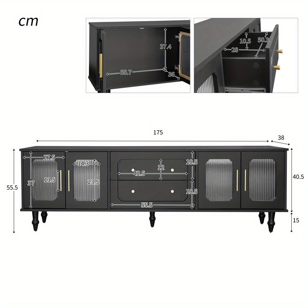 TV-meubel – Tv-kast – Mediawand – Lowboard – Tv-dressoir – Retro Design – Glazen Deuren – Massief Houten Poot – Geschikt Tot 80 Inch – MDF Constructie