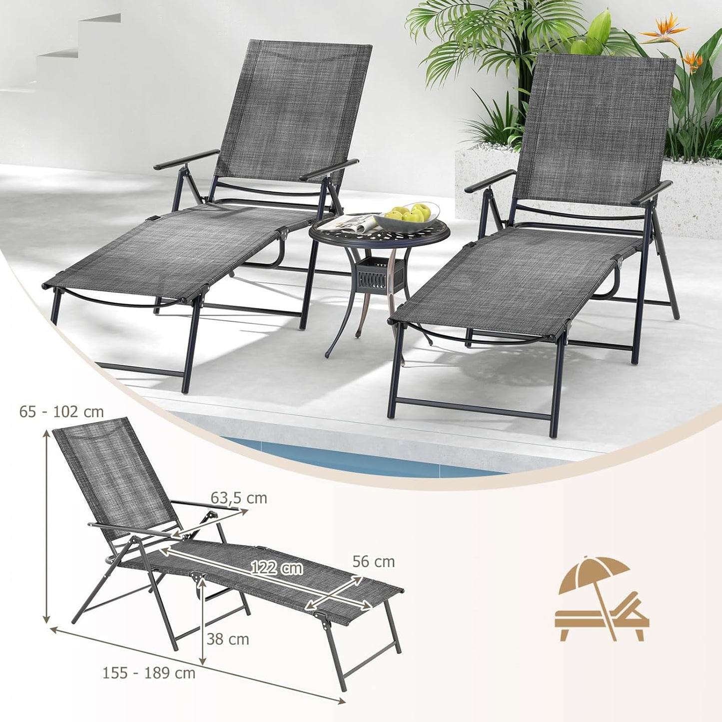 Ligstoelen – Verstelbare Ligstoelen – Inklapbare Stoelen – Strandstoelen – Tuinstoelen – 6-Verstelbare Rugleuning – Stevig Metalen Frame
