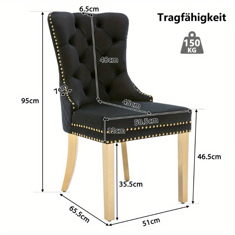 Eetkamerstoel – Keukenstoel – Woonkamerstoel – Stoel – Set van 4 – Uniek Rond Handvat – Gouden Roestvrijstalen Poten Met Spijkerbespijkering – Zwarte Stof