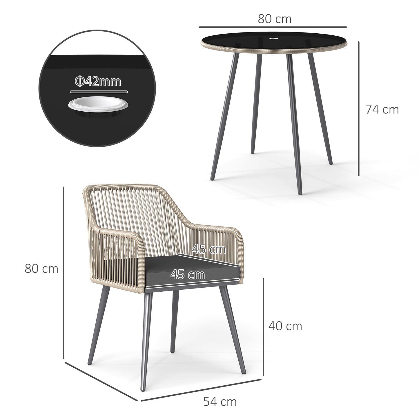 4-persoons tuinset – tuinstoelen – tuinmeubelset – buitenmeubilair – loungeset – PE-rattan met metalen frame – ronde tafel met gehard glas en parasolgat – kussens met afneembare hoezen – compact design chestnut bruin