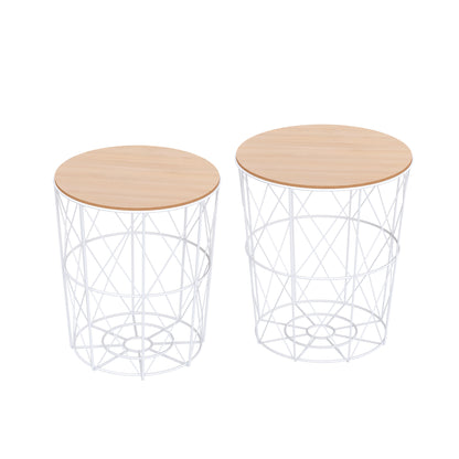 Salontafelset – Bijzettafel – Koffietafel – Woonkamertafel – Ronde Tafels – Met Afneembaar Houten Blad – Stevig Wit Metalen Frame