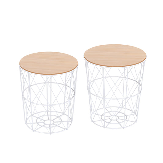 Salontafelset – Bijzettafel – Koffietafel – Woonkamertafel – Ronde Tafels – Met Afneembaar Houten Blad – Stevig Wit Metalen Frame