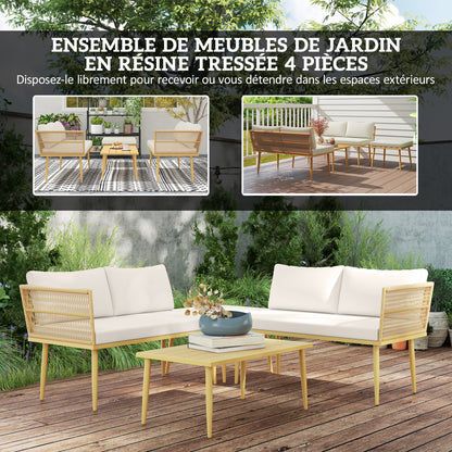 Modulaire Tuinset – Loungeset – Buitenmeubelset – Loungehoek – Balkonset – Weerbestendig Staalframe – Afneembare Splash-Resistente Kussens – Naturel Hout