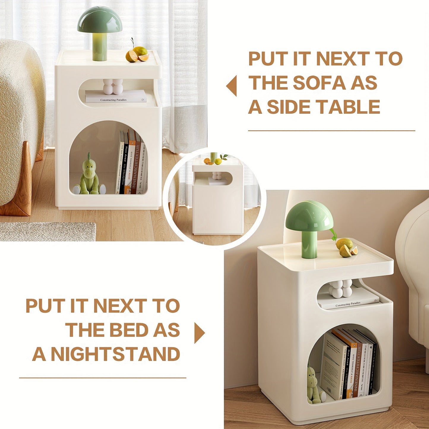 Bijzettafel – Bijzettafeltje – Salontafel – Nachtkastje – Banktafel – Compact Formaat – Hardhouten MDF Blad – Milky White – Open Opbergruimte – Eenvoudige Montage