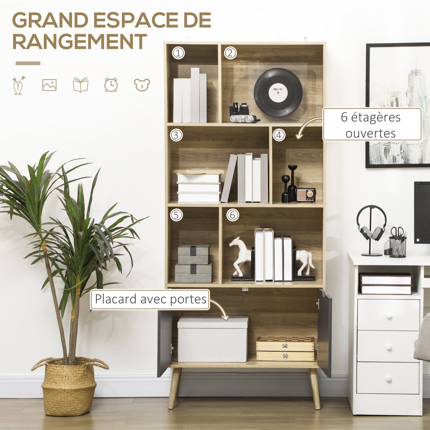 Boekenkast – Boekenrek – Opbergkast – Vakkenkast – Wandkast – Modern Design – 2 Deuren en 6 Planken – Hout en Antraciet – 80x35x180 cm