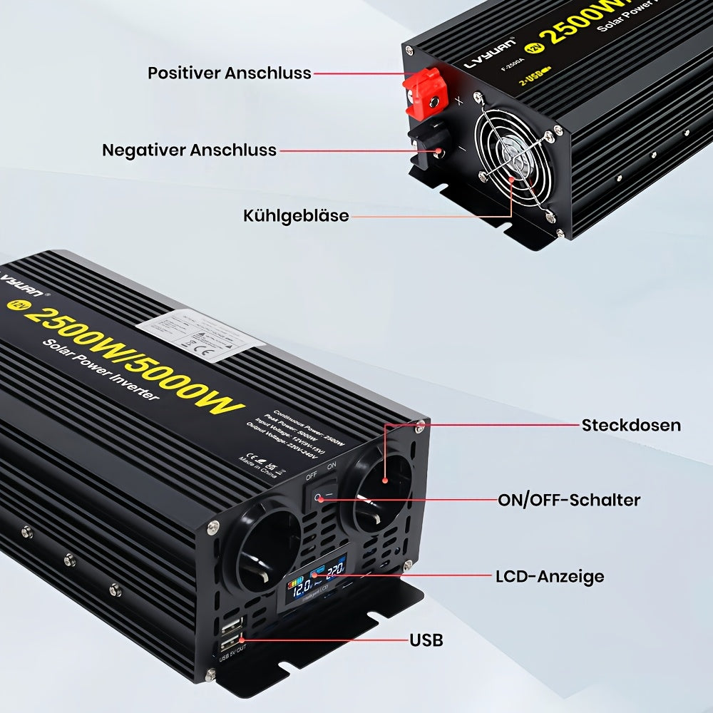 Omvormer – Spanningsomvormer – Stroomomvormer – Auto-omvormer – Power Inverter – 2500W Continu Vermogen – LED Display Met USB Poort
