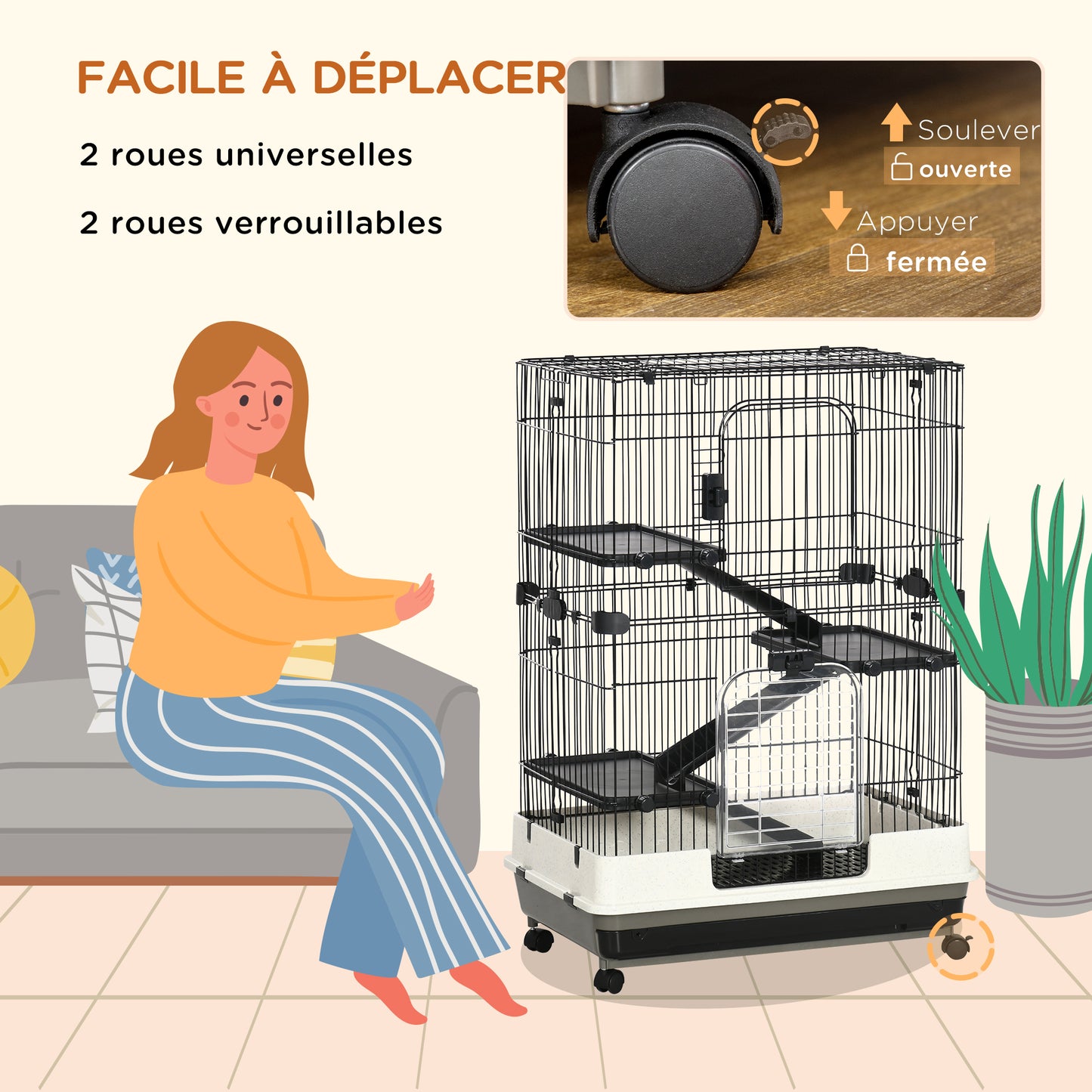 Kooi Kleine Knaagdieren – Huisdierkooi – Caviakooi – Konijnenhok – Hamsterkooi – Metalen Frame – 3 Verwijderbare Platforms – 4 Wielen Met Rem – 81,2x52,7x114 cm – Zwart