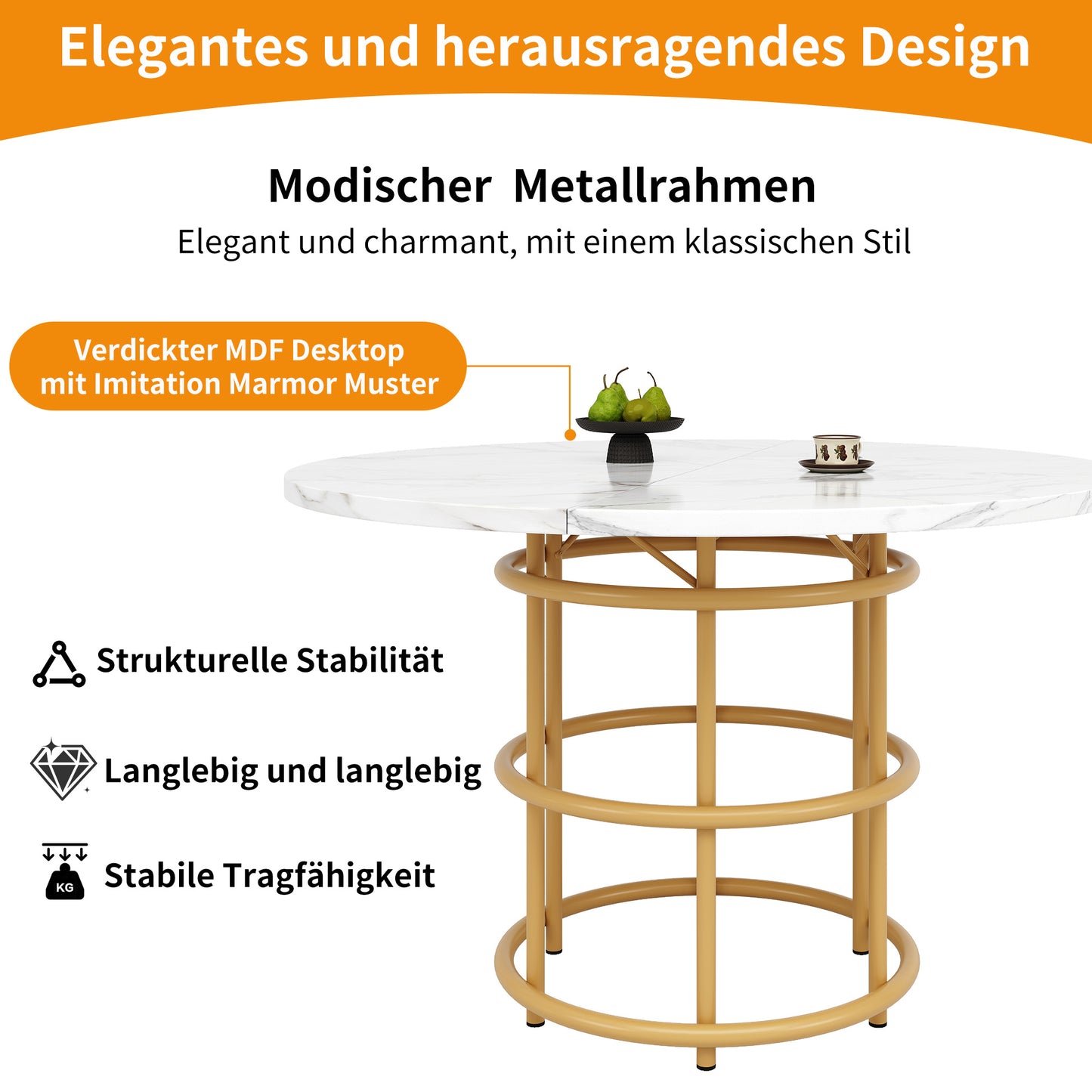 Ronde Eettafel – Eettafel Rond – Keukentafel – Tafel Marmerlook – Tafeltje Goudkleurig Metaal – 100 cm Diameter – Verstelbare Poten