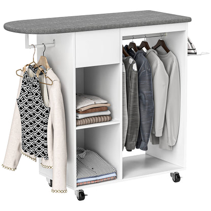 Strijkkast – Strijkplank – Strijkstation – Kledingkast – Opbergmeubel – Met Wielen – 125 x 43,5 x 112 cm – Houten Frame – Inclusief Kledinghanger