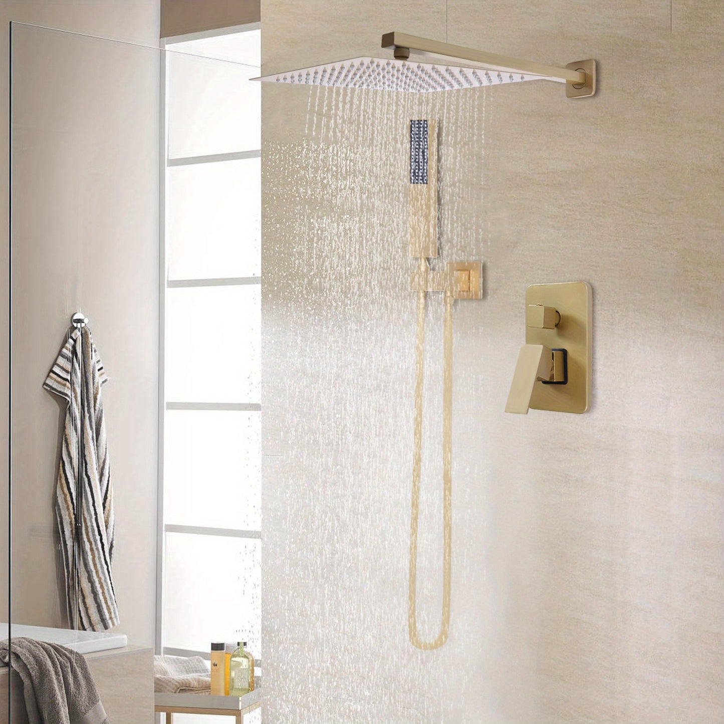 Gouden Douche Systeem – Douche Set – Regendouche – Handdouche – Thermostaatkraan – Thermostatische Temperatuurregeling 0-75°C – Messing Geborstelde Afwerking – Muurmontage Met Universele G½" Aansluiting