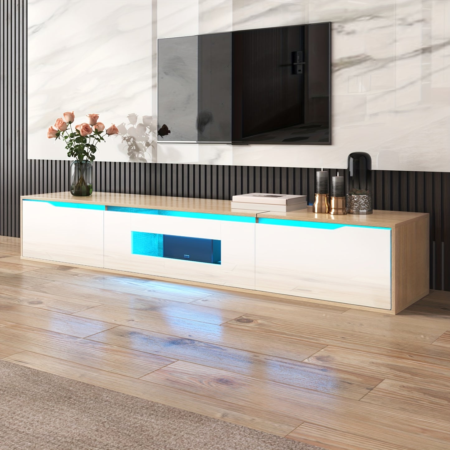TV Stand, Entertainment Cabinet, High-Gloss TV Stand, Colour Scheme High-Gloss White And Wood, TV Stand Size 180 X 35 X 30 Cm