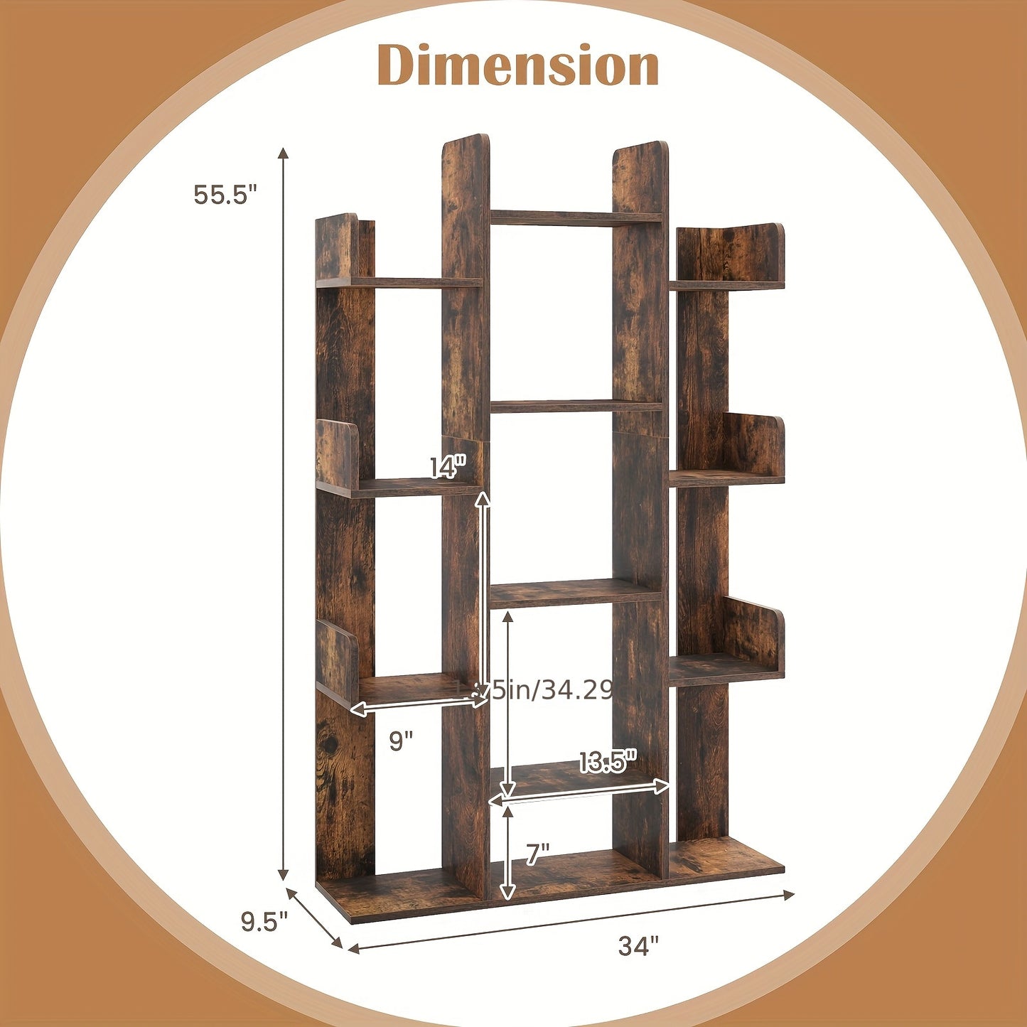 Boomvormige Boekenplank – Boekenrek – Boekenkast – Opbergkast – Wandkast – 141 cm Hoog – 13 Open Vakken – Vrijstaand Bruin