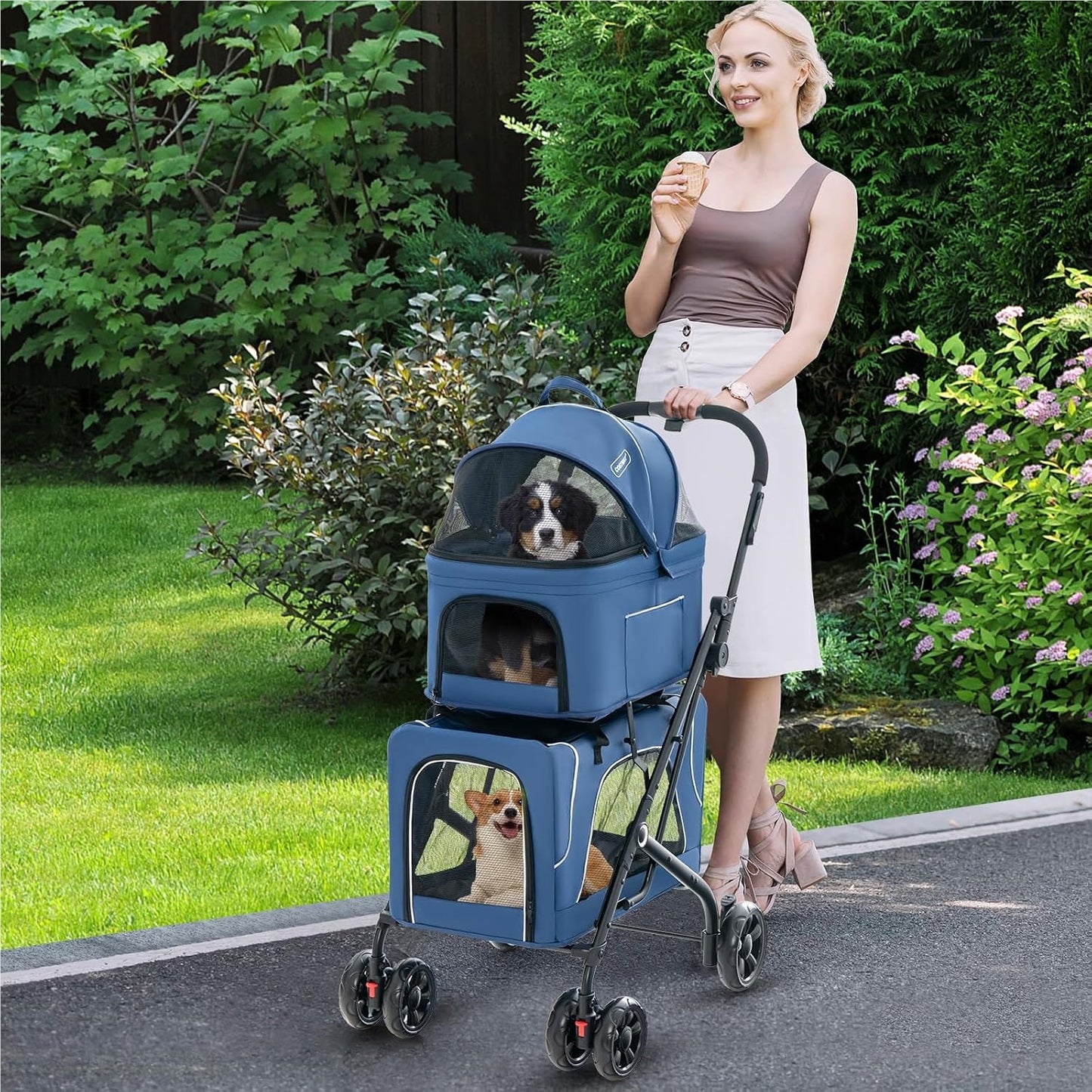 Hondenbuggy – Huisdierenwagen – Wandelwagen – Dierenbuggy – Transportbox – 3-in-1 Opvouwbaar – Oxford Stof & Metaal – Tot 16 kg – Ventilatie Gaasvensters & Opbergvakken – Blauw