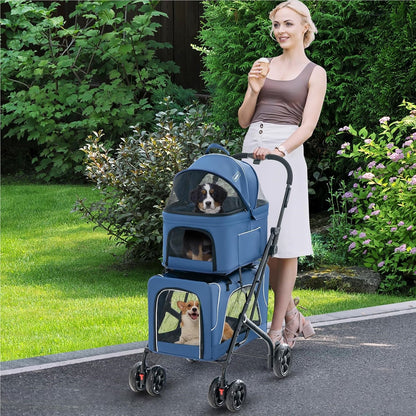 Hondenbuggy – Huisdierenwagen – Wandelwagen – Dierenbuggy – Transportbox – 3-in-1 Opvouwbaar – Oxford Stof & Metaal – Tot 16 kg – Ventilatie Gaasvensters & Opbergvakken – Blauw