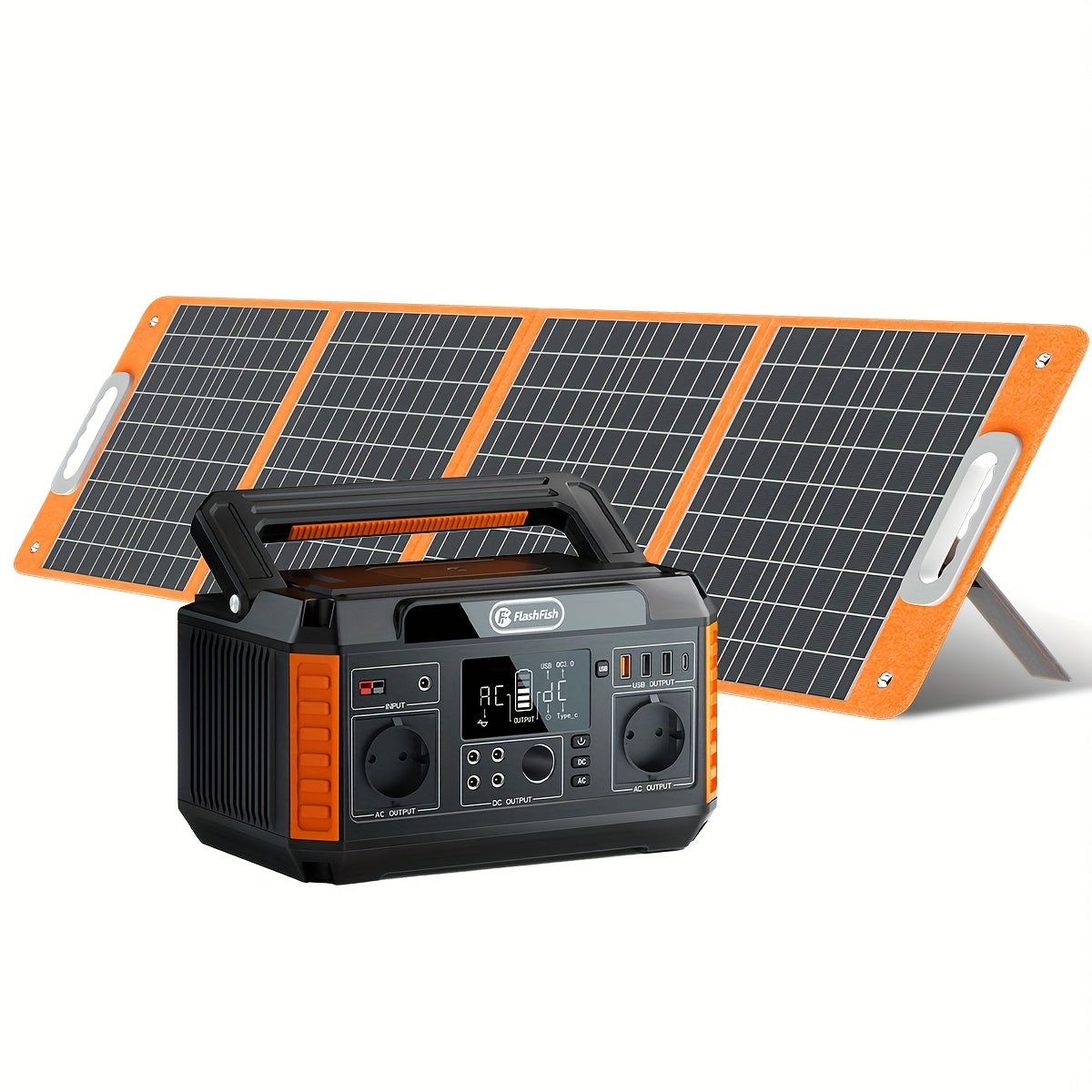 500W Portable Power Station with 100W Foldable Solar Panel - 520Wh/140, 000mAh Lithium Battery, 2 AC Outlets, 4 USB Ports, 4 Adapters, Digital Display & Solar Charging, Compact & Lightweight for Camping, Emergency, Home Backu