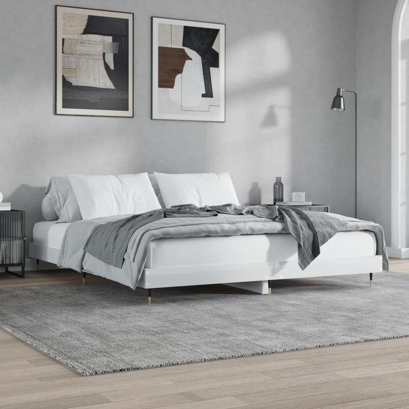 Bianco Lucido 200x200cm Contemporary Bed Frame - Hardwood & Particle Board Multilayer Design, Removable & Durable Frame with 4 Legs, Space-Saving Modern Bedroom Furniture, Bed Frame for Bedroom, Bedroom Furniture, Minimalist