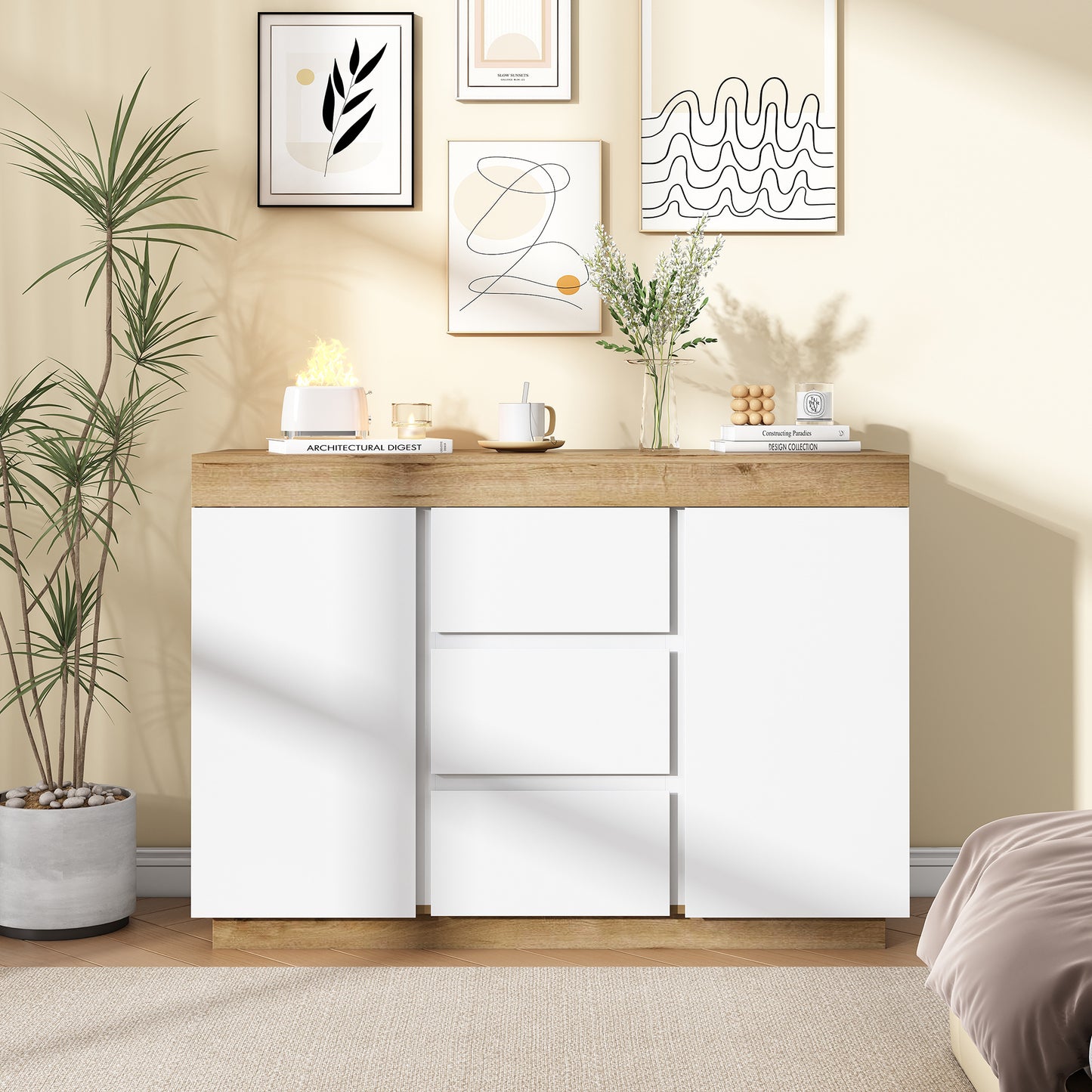 Merax Dresser with 3 Drawers and 2 Doors, Lockable Compartment, Storage Function, for Bedroom and Living Room, E1 Chipboard, White+Oak