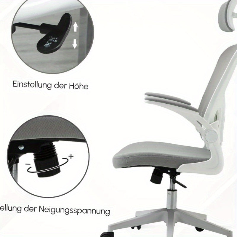 Bureaustoel – Kantoorstoel – Ergonomische Stoel – Draaistoel – Office Chair – Verstelbare Hoogte – Ademend Mesh – Met Hoofdsteun – Stijlvol Grijs