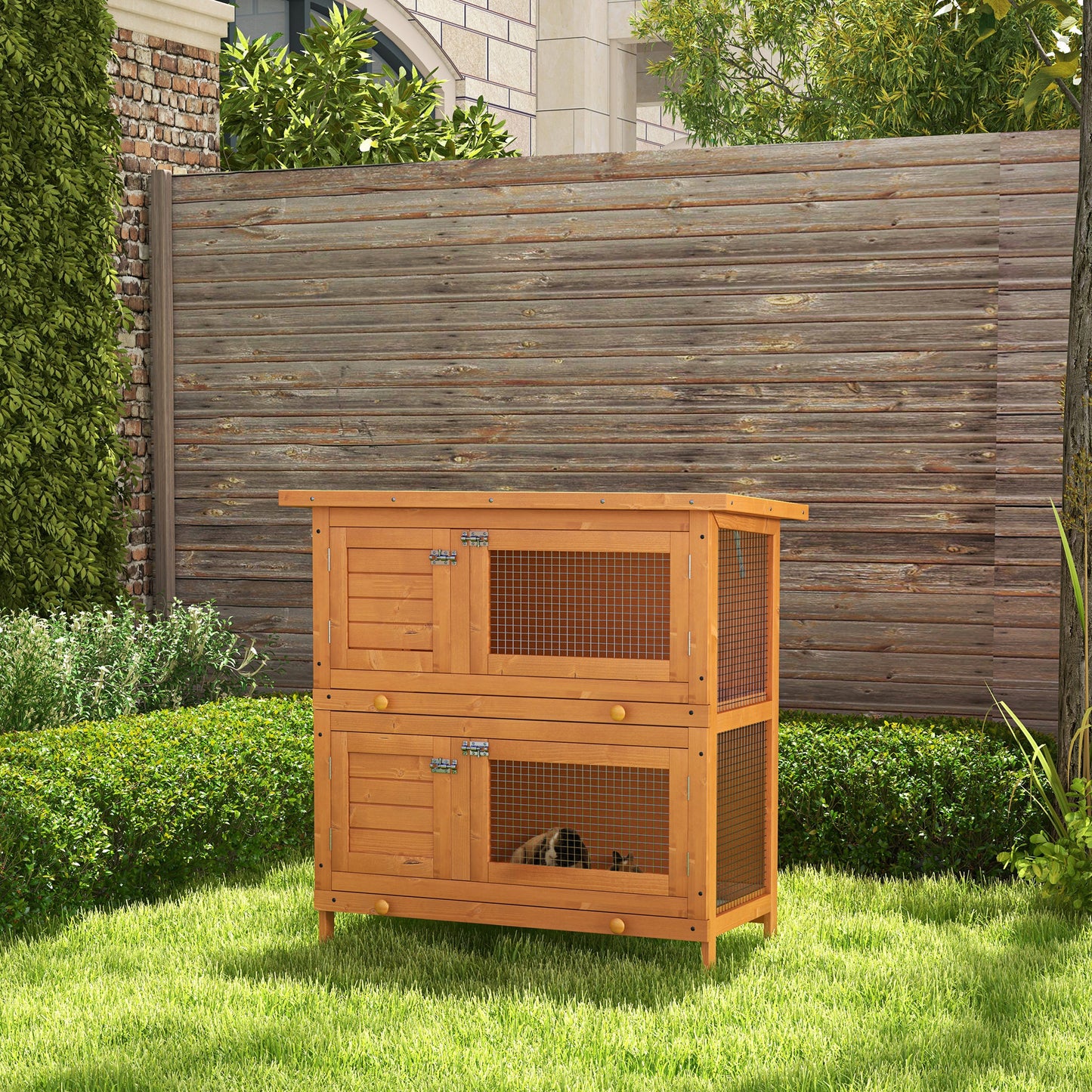 Konijnenhok – Knaagdierverblijf – Kleine dierenkooi – Buitenhok – Vurenhouten hok met dak – 2 Verdiepingen – 4 Slotdeuren – Uitschuifbare Ladebakken – Afmetingen 90x45x90 cm