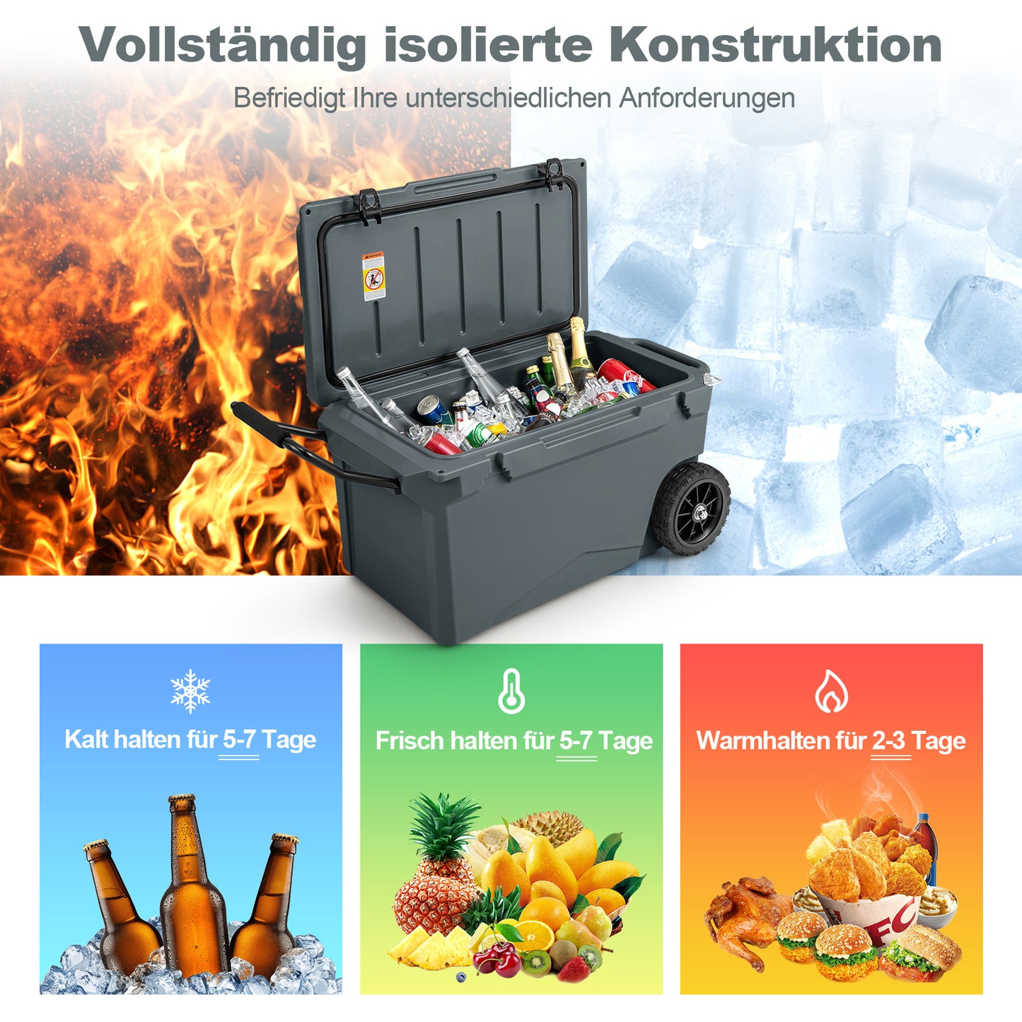 Koelbox – Mobiele Koelbox – IJsbox – Picknick Koeler – Wielen Koelbox – 71 Liter Inhoud – Stevige Wielen 19 cm