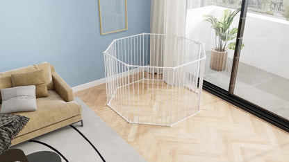 Veiligheidshek Huisdier – Hondenren – Kattenren – Speelpark – Afzetting Open Haard – Wit Stalen Frame – 8 Panelen Met Deur – Opvouwbaar 90 cm Hoog